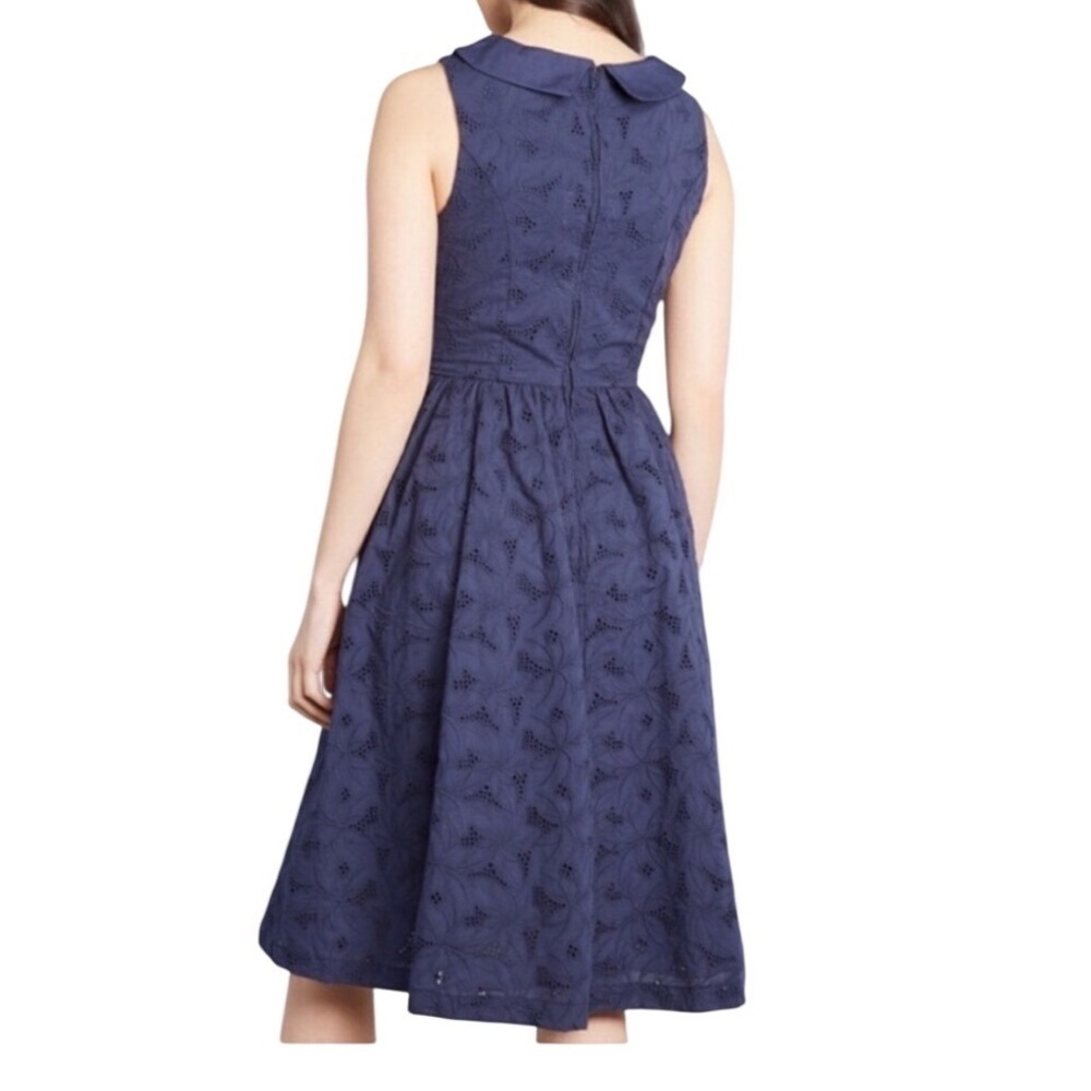 ModCloth Navy Blue Eyelet Peter Pan Collar Retro Midi Dress 12 Old Money Preppy - Picture 5 of 10